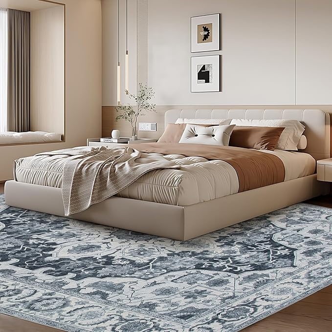 WILLSUN Washable Area Rugs, 8x10 Non-Slip Boho Large Area Rugs for Living Room, Bedroom, Machine Washable Vintage Rug, Indoor Floral Print Carpet for Home Decor, Kid & Pet Friendly Mat