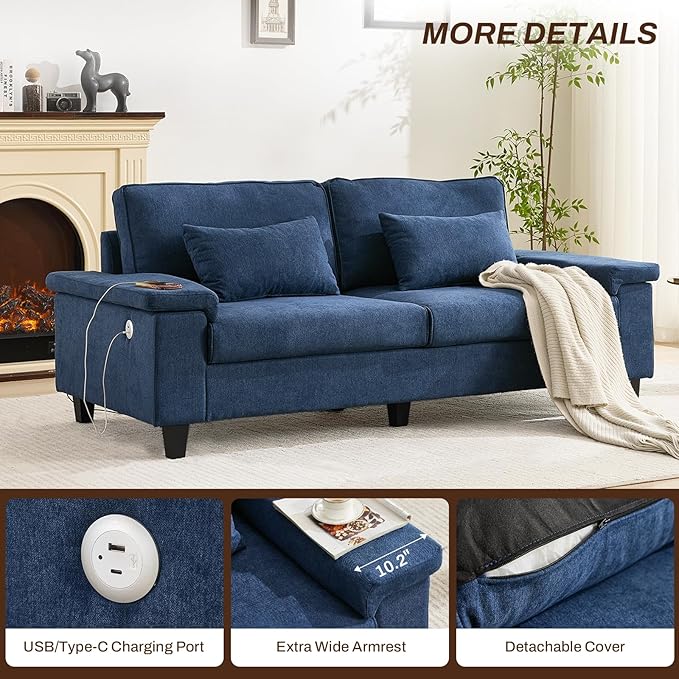 3 Seater Couch for Living Room, 79'' Comfy Deep Seat Sofa with Adjustable Armrests & USB/Type-C Charging Ports, Mid Century Modern Couch for Bedroom, Home Office, Blue