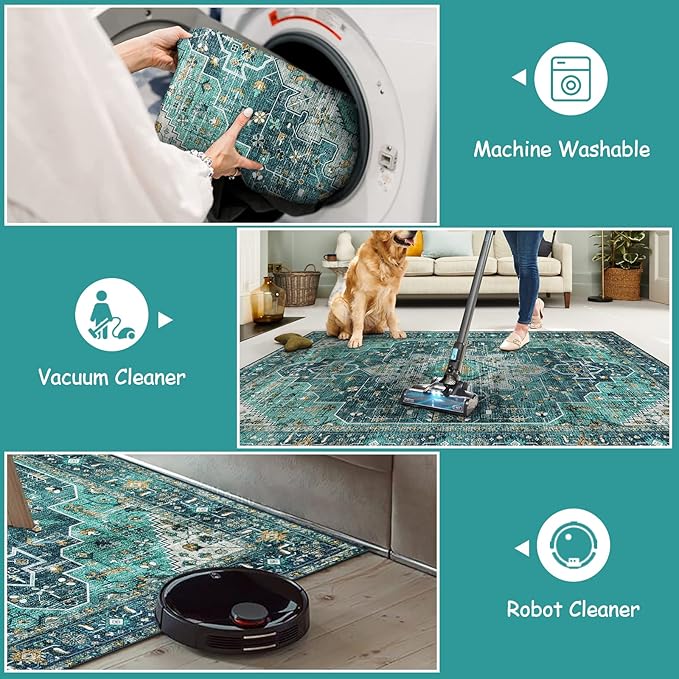 Moynesa Ultra-Thin Washable Vintage Area Rug - 5x7 Large Living Room Rug Boho Oriental Medallion Bedroom Mat Non-Slip Non-Shedding Dining Room Floor Carpet for Home Office, Teal/Mutil
