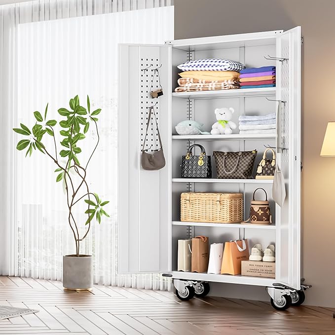 INTERGREAT Rolling Metal Cabinet with Wheels, 75" H Rolling Metal Cabinets with Pegboard, 18" D x 36" W Large Capacity Pulley Cabinet with Adjustable Shelves for Home Office, School, Garage(White)