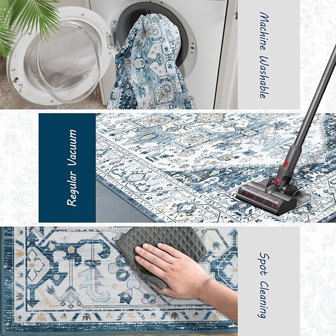 8x10 Area Rugs for Living Room, Machine Washable Non Slip Vintage Retro Rugs, Low Pile Lightweigt Chenille Print Indoor Rug for Bedroom, Dining Room, Home Office (Blue Gold Cream 8X10)…