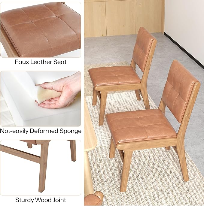KCC Modern PU Leather Dining Chairs Set of 2, Upholstered Kitchen Chairs with Solid Wood Legs and Comfortable Seat for Dining Room/Lounge/Bedroom(Brown)