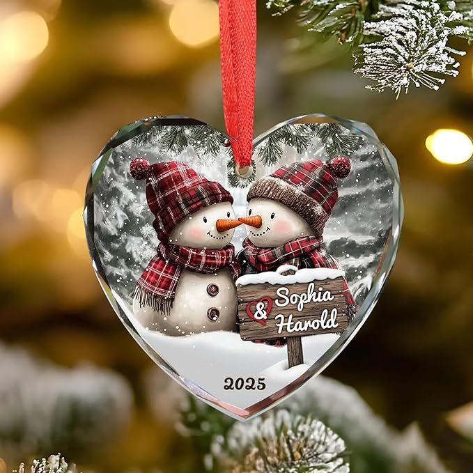 NAZENTI Personalized Snowman Couple Ornament 2025, Custom Glass Christmas Ornaments with Names, Snowman Lovers Holiday Decoration, Romantic Gift for Couples Newlyweds Keepsake 03