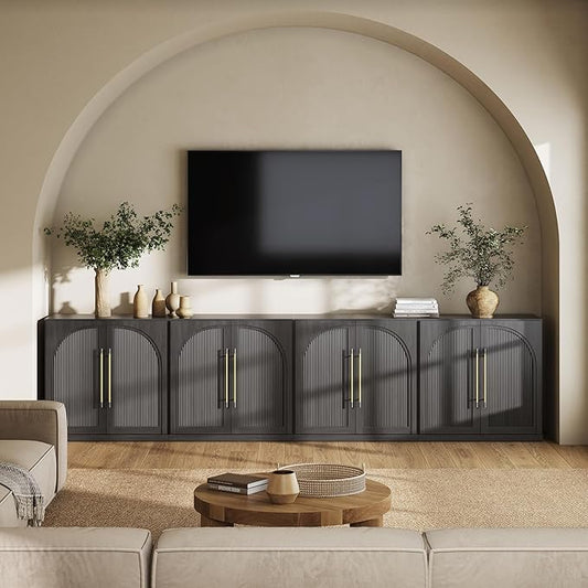 BELLEZE Set of 4 Modular Sideboard with Double-Arc Wood Doors, Small Arched Buffet Cabinet with Storage and Adjustable Shelves, Classic Modern Credenza for Dining Room, Living Room or Entryway(Ebony)