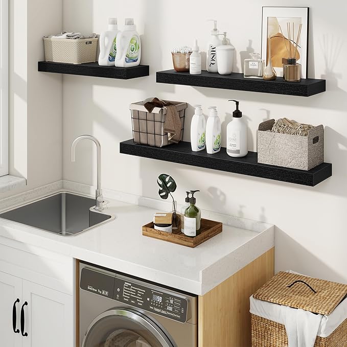 fuqing Floating Shelves for Wall, Wall Mounted Wood Floating Shelf with Invisible Brackets for Living Room, Bathroom, Bedroom, Kitchen Storage and Decor, 36 Inch Set of 2, Black