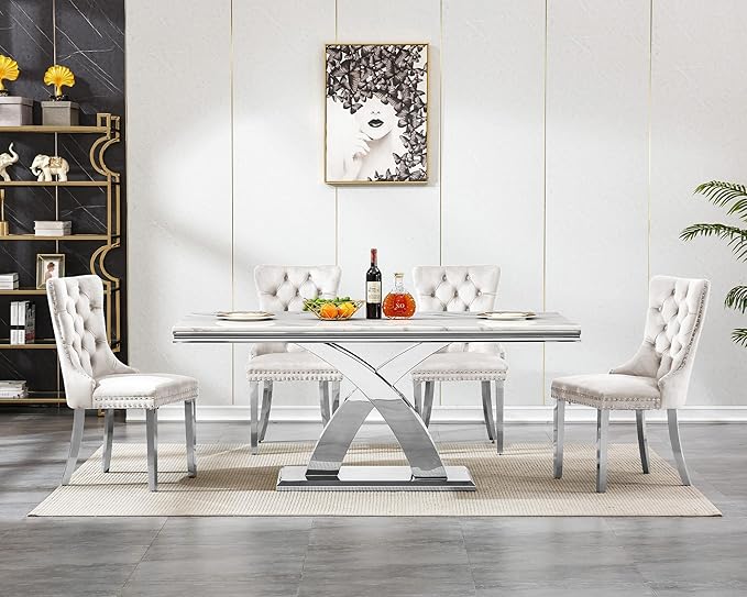 Goujxcy 68" Marble Dining Table Set for 4, Modern Rectangle Dining Room Table Set for 4, Luxury White Silver Marble Kitchen Table and Chairs Set of 4 for Living Room,Kitchen