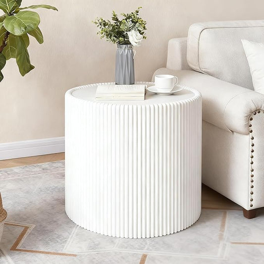 White Round Coffee Table with Sintered Stone Tabletop, 17.71" Drum Coffee Table with Fluted PU Leather Covered and Stable Base, Circle Cocktail Tea Table for Living Room