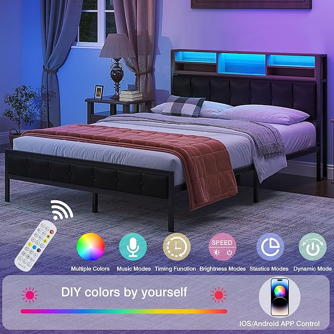 VECELO Farmhouse Metal Bed Frame Queen Size with Wooden Headboard & Footboard, Solid Platform Mattress Foundation with Storage, LED Light, Charging Station, USB Ports, Noise-Free, Easy Assembly, Black