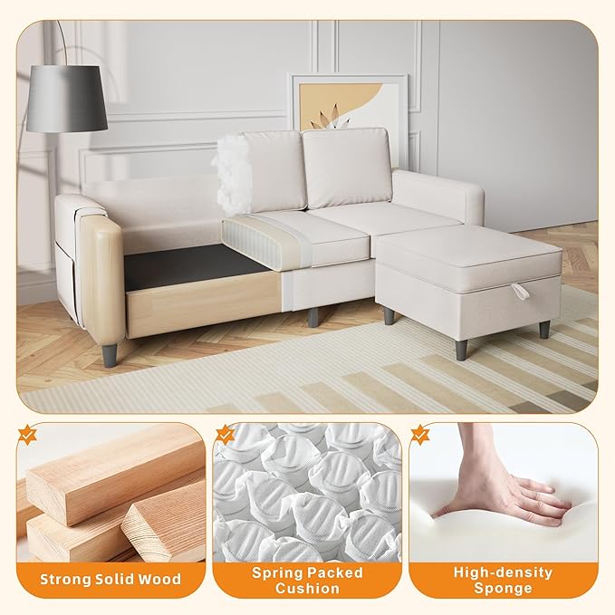 Sectional Sofa Couches for Living Room, 78'' Beige 3 Seater L-Shaped Couch with Storage Ottoman, Comfy Linen Convertible Sectionals Sofas with Chaise for Apartment, Office, Small Space