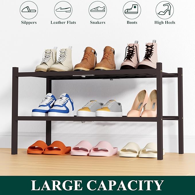 Smiry Shoe Rack, 2 Tier Thick Bamboo Shoe Organizer, Stackable Free Standing Wooden Shoe Storage Shelf for Closet, Entryway, Front Door Entrance, Brown