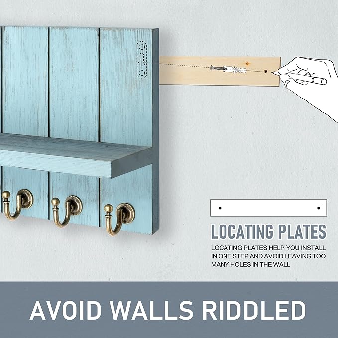 Rebee Vision Decorative Key Holder Wall Mount - Modern Farmhouse Key and Mail Holder for Wall with Shelf and 7 Key Hooks for Mail Organizer - Mid Century Aesthetic Room Decor (Distressed Blue)