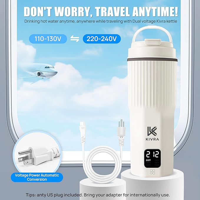 KIVRA Travel Kettle-316 Stainless Steel Portable kettle, 450mL Portable Water Boiler with 6 Temperature Control, Auto Shut Off & Boil Dry Protection, Small Electric Kettle for Global Use (100-240V)