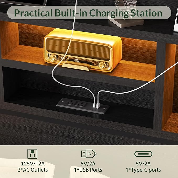 LARMACE Queen Size Bed Frame with 6 Storage Drawers and Headboard Wooden Platform Bed Frame with LED Lights and Charging Station Easy Assembly/No Box Spring Needed/Black