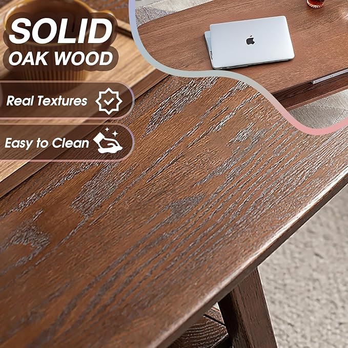 100% Solid Oak Coffee Table with Storage Shelf, 2-Tier Wooden Center Table for Living Room, Farmhouse Rustic Rectangle Table, Easy Assembly, Walnut Color, 39.37inch