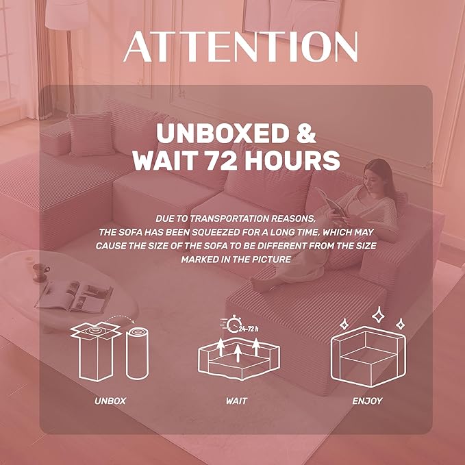 138" Boneless Couch with Deep Seat, Modular Sectional Sofa, Cloud Sectional Couch for Living Room, No Assembly Required, Corduroy, U-Shape 4 Seater Left, Pink