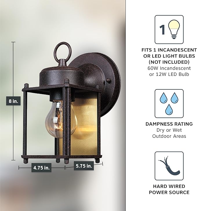 Designers Fountain 1161-RP Porch Outdoor Wall Lantern Sconce, 8in H, Rust Patina