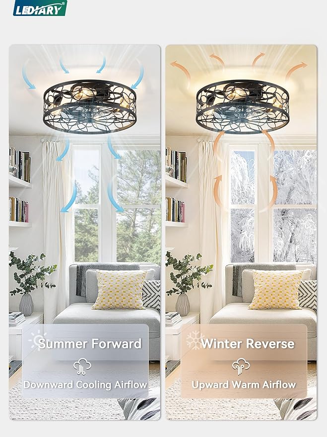 LEDIARY Caged Ceiling Fans with Lights, Black Flush Mount Ceiling Fan with Remote, Small Low Profile Bladeless Ceiling Fan Light Fixture for Bedroom, Kitchen, Dining Room.