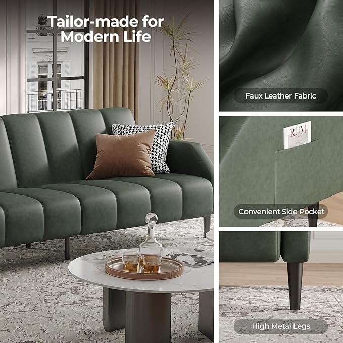 Fadware Faux Leather Couch, Convertible Futon Sofa Bed with Adjustable Backrest, Mid Century Leather Sofa Loveseat with Side Pockets& Metal Leg, Modern Leather Sleeper Sofa for Living Room Bedroom
