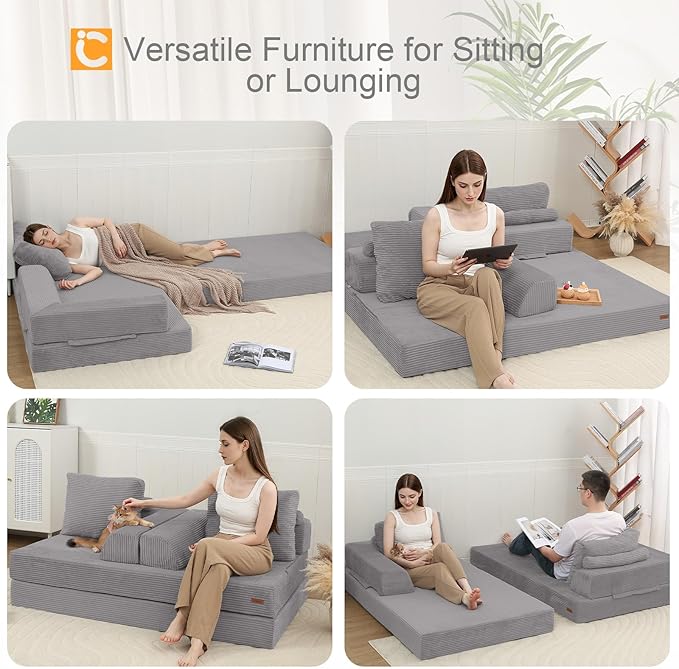 COMAX Convertible Sofa Bed, Folding Floor Couch Corduroy Fold Out Couch Bed Futon Sleeper Mattress with Pillows, Boneless Sofa Comfy Lounge Loveseat for Living Room Bedroom, Light Grey