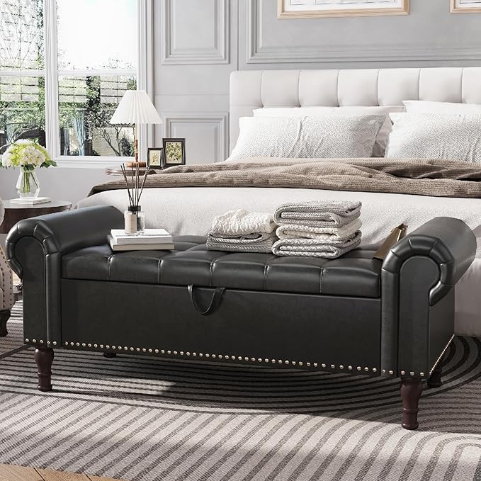 Apicizon 51” Bench with Storage, Queen Size Faux Leather End of Bed Bench with Tufted Button, Ottoman Bench with Rolled Arms & Vintage Rivets for Foot of Bed, Living Room, Entrance, Black