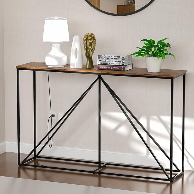 Console Table, 51" W × 12" D × 31.5" H Sofa Table Behind Couch, Entryway Table with Electrical Outlet & USB Ports, Industrial Pyramid Metal Base Console Table for Entryway, Rustic Brown