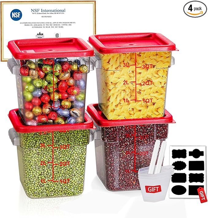 4QT NSF Food Storage Containers with Lids: 4 PCS [Total Food Grade][Hot&Cold Resistant] Commercial Clear Food Storage Containers for Restaurant Kitchen Proof Dough, Measuring Spoons Included(Red)