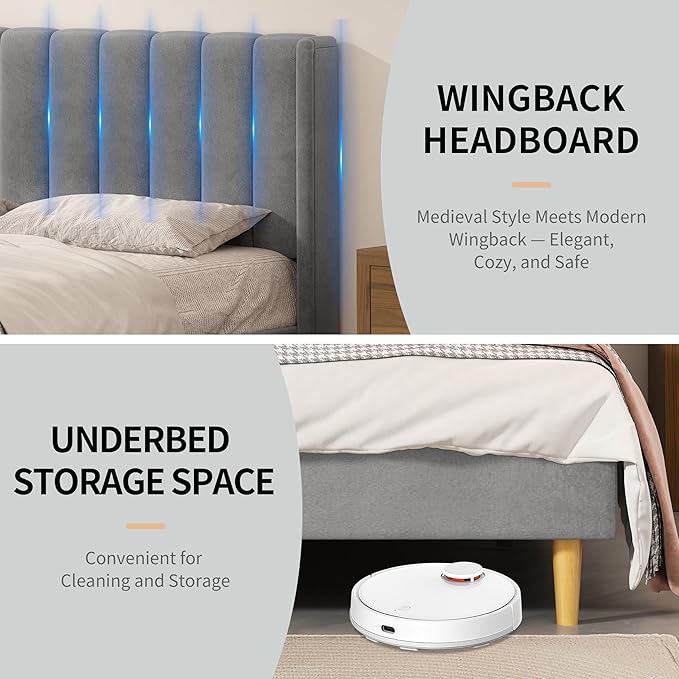 King Size Upholstered Platform Bed Frame with Modern Wingback & Vertical Panel Headboard, Velvet Fabric, Wooden Legs & Slats Support, No Box Spring Needed, Noise-Free & Easy Assembly, Grey