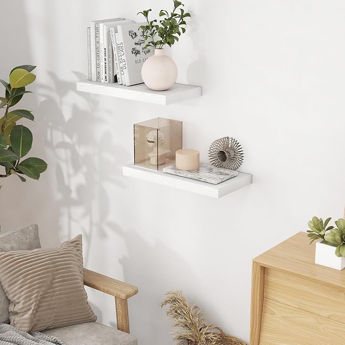 Fun Memories Floating Shelves 16 Inch Long, Wall-Mounted Bathroom Shelves Set of 2, 9.3 Inch Deep Shelf for Home Storage & Display, Wooden Deep Wall Shelves for Bedroom, Living Room, Kitchen, White