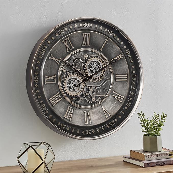 CLXEAST 24 Inch Large Moving Gear Wall Clock for Living Room Decor, Antique Silver Metal Roman Numerals Wall Clocks for Home Office
