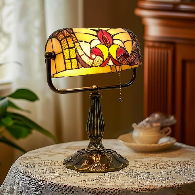 Tiffany Style Bankers Lamp - Stained Glass Desk Lamps with Baroque Design & Pull Chain, Vintage Table Lamp Bankers Desk Light for Office Bedroom Nightstand Living Room LED Bulb Included
