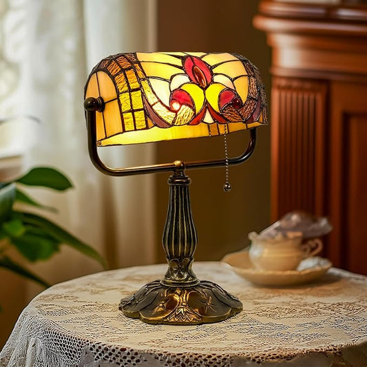 Tiffany Style Bankers Lamp - Stained Glass Desk Lamps with Baroque Design & Pull Chain, Vintage Table Lamp Bankers Desk Light for Office Bedroom Nightstand Living Room LED Bulb Included