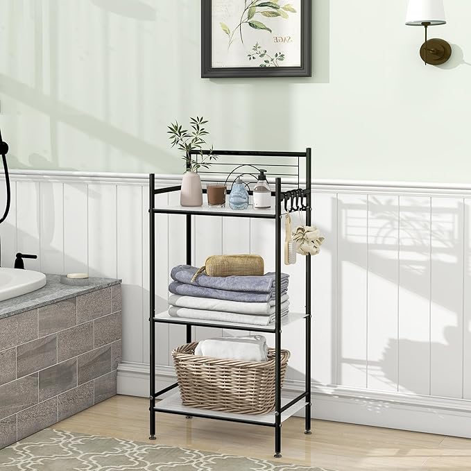 MallBoo 3-Tier Metal Freestanding Storage Shelf,Standing Bathroom Shelves with 3 x PP Shelf Liners and 4 x Hooks for Laundry Kitchen Office (Black)