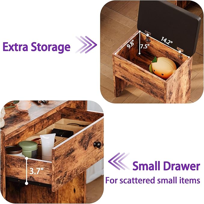 LIKIMIO Small Makeup Vanity Desk with Mirror and Lights, Vanity Table Set with Storage Drawer, Chair and Three Shelves, Bedroom, Vintage Brown