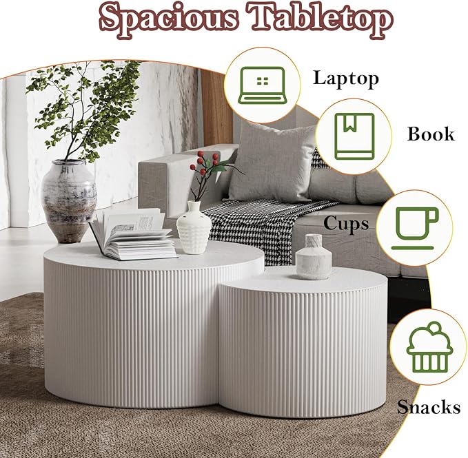 Modern Drum Coffee Table Set of 2 Stylish Minimalism Wave Stripe Fluted Nesting End Table - No Assemble, for Small Space (C-27.6IN+19.7IN)