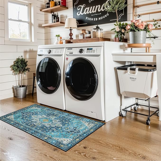 Moynesa 2x4 Teal Vintage Floral Medallion Runner Rug - Machine Washable, Non-Slip, Low Pile, Indoor Use Only