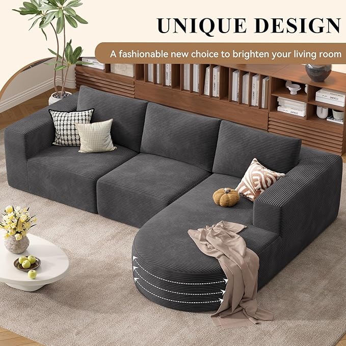 Modular Sectional Sofa with L-Shape Chaise,Cloud Sectional Modern Sleeper Couch with Deep Seat,Sponge Compression Sofas No Assembly Required (Dark Gray-Corduroy Fabric) 1PCS