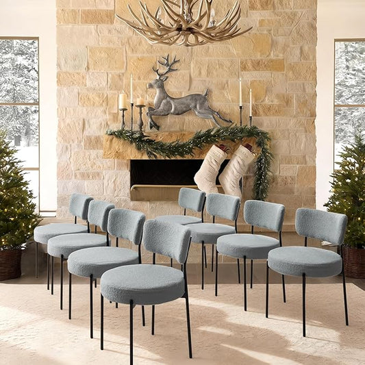 Grey Boucle Dining Chairs Set of 8, Upholstered Dinner Chair with Metal Frame, Dining Room Chairs with Padded Seat, Round Modern Seating for Living Room
