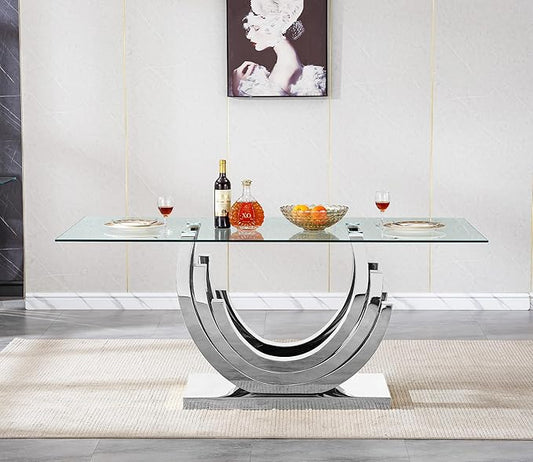 70 ''Glass Dining Table,Rectangle Glass Kitchen Table w/Tempered Glass Tabletop and Stainless Steel Base, Modern Glass Dining Room Table for Home, Kitchen, Dining Room