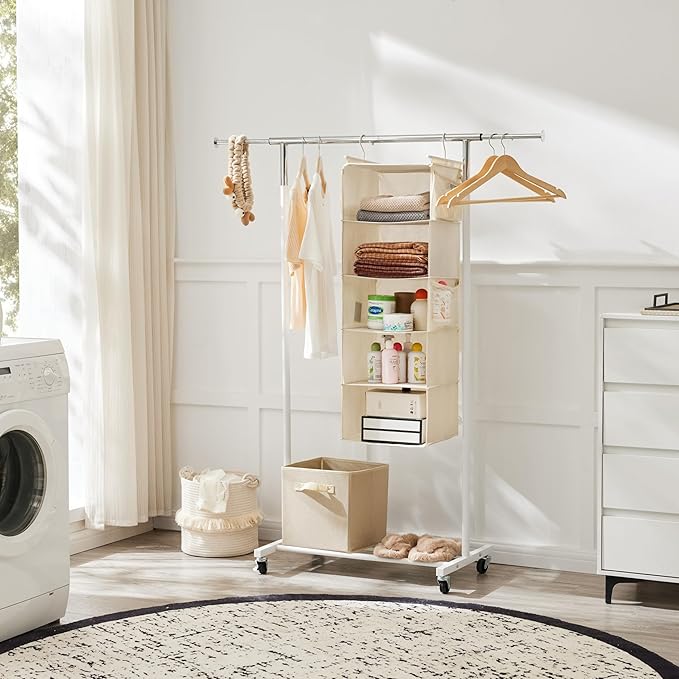 MAX Houser 5 Shelf Hanging Closet Organizer, Space Saver, Cloth Hanging Shelves with 4 Side Pockets, Foldable, Beige