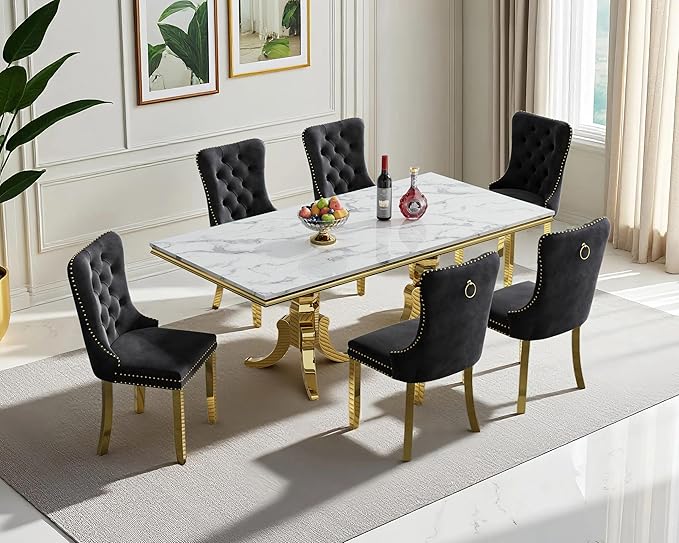 Goujxcy Faux Marble Dining Table Set for 6, Modern 7-Piece Dining Table Set with 6 Velvet Upholstered Chairs, 70" Large Long Faux Marble Kitchen Dining Room Table and Chairs with Stainless Steel Legs