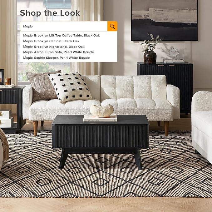 mopio Brooklyn Lift Top Coffee Table for Living Room, Mid Century, Modern Farmhouse with Lifting Tabletop & Hidden Storage, Fluted Panel, Rising Pull Up Dining Table (Black Oak)