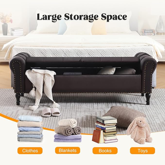 Faux Leather Storage Bench 67 Inch Upholstered Tufted Ottoman Bench with Arms Large Storage Space King Size End of Bed Bench for Bedroom Living Room Entryway Whiskey Coffee