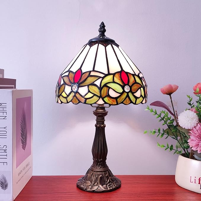 Tiffany Style Small Table Lamp Stained Glass Antique Bedside Nightstand Lamp Small Antique Side Desk Light 8X8X15 Inch for Bedroom Living Room Home Office,3-Color LED Bulb Include