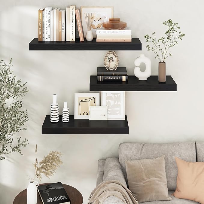 Floating Shelves for Wall, 30" W x 12" D x 2" H, 2 Pack of Long Wall Mounted Engineered Wood Shelves with Invisible Brackets for Living Room, Bedroom, Bathroom, Kitchen Decor, Black