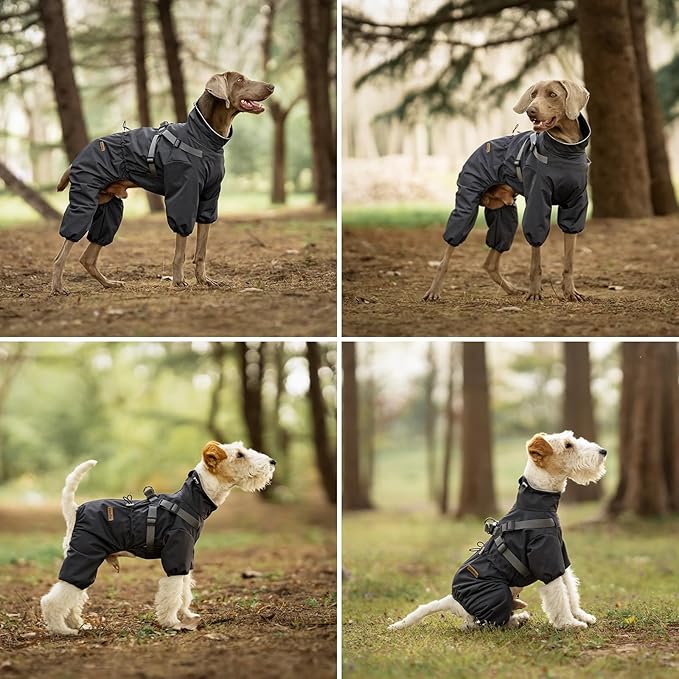 Dog Raincoat with Harness for Medium and Large Dogs, Adjustable Waterproof Dog Rain Jacket,Reflective Rainproof Puppy 4 Legs Raincoat-Grey,3XL