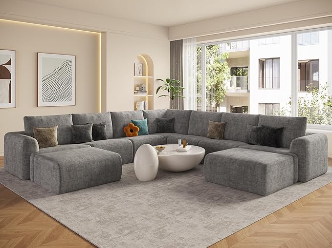 EASE MOOSE Oversized Sectional Cloud Couch, 9-Seat Modular Boneless Sofa Set with Deep Seat, No-Assembly Chenille Sofa for Living Room, Light Grey