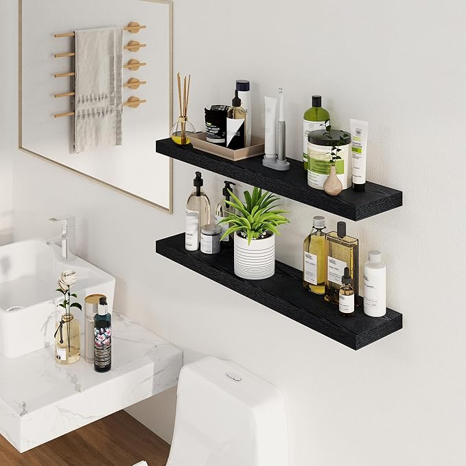 Fun Memories Floating Shelves for Wall, 36Inch Floating Shelves Set of 2, Hanging Shelf with Invisible Brackets, Bathroom Shelves for Living Room, Bedroom, Kitchen- Black