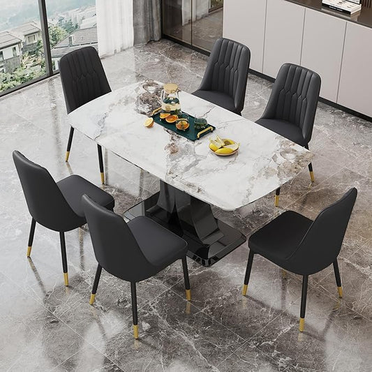 Modern Dining Table Set for 6, Marble Kitchen Table Chair Set for 6, Rectangular Kitchen Table with 6 Pu Leather Upholstered Chair for Dining Room