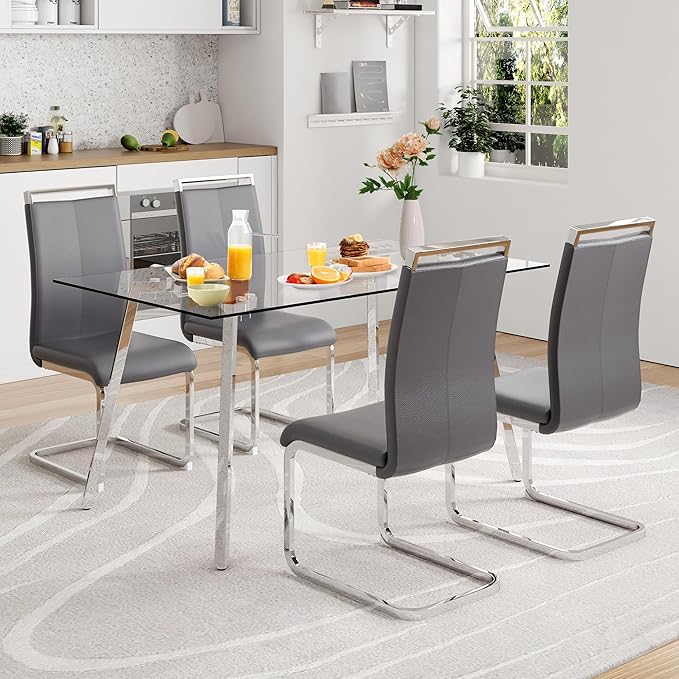 Glass Dining Table Set for 4,Rectangle Dinner Table with 4 Grey Leather Kitchen Chairs,51 in Kitchen Room Dining Set,0.31” Tempered Glass Table Top with Silver Metal Legs,4 Dining Chairs Set