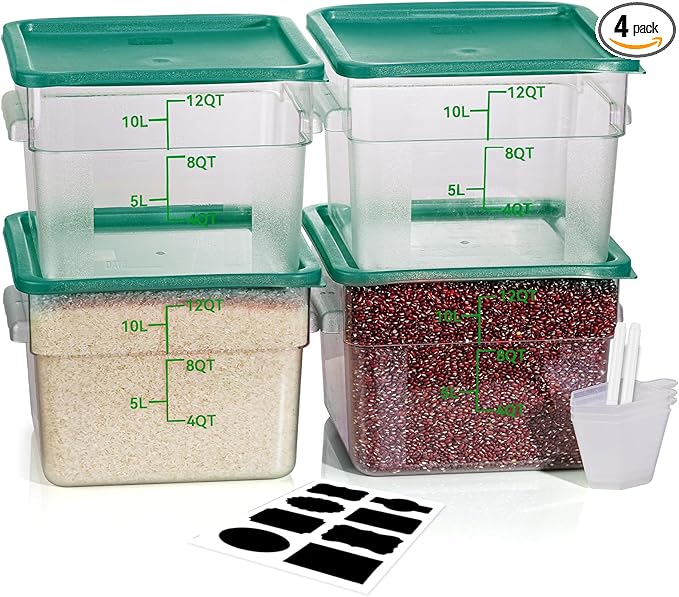 12QT NSF Food Storage Containers with Lids: 4 PCS [Total Food Grade][Hot&Cold Resistant] Commercial Clear Food Storage Containers for Restaurant Kitchen Proof Dough, Measuring Spoons Included(Green)